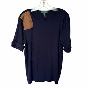 Ralph Lauren Cotton Ribbed T-Shirt Top Short Sleeves Faux Suede Patch Navy 2 X